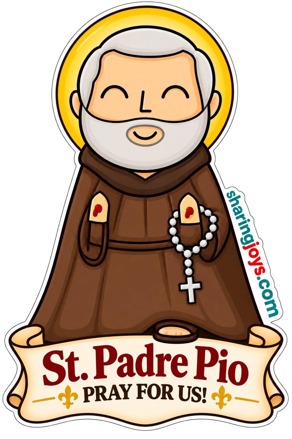 St. Padre Pio die-cut sticker holding a rosary with prayer banner
