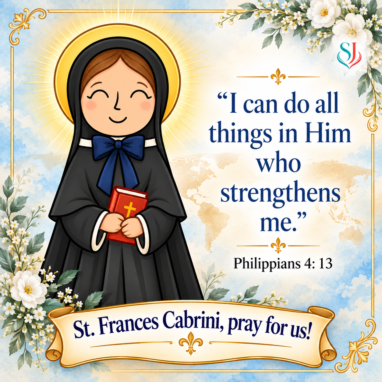 St. Frances Cabrini Magnet — St. Frances Cabrini holding a Bible with Philippians 4:13, “St. Frances Cabrini, pray for us!”